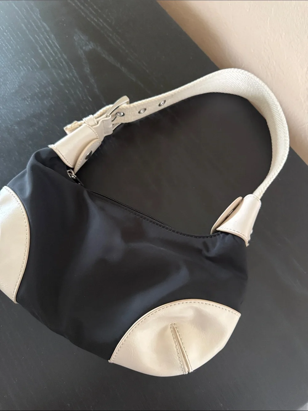 Brandy Melville Black White Nylon Vegan Leather Trim Shoulder Bag Y2K Hobo